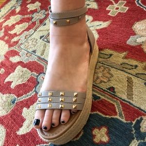 Grey, gold studded ankle wrap flat form wedges